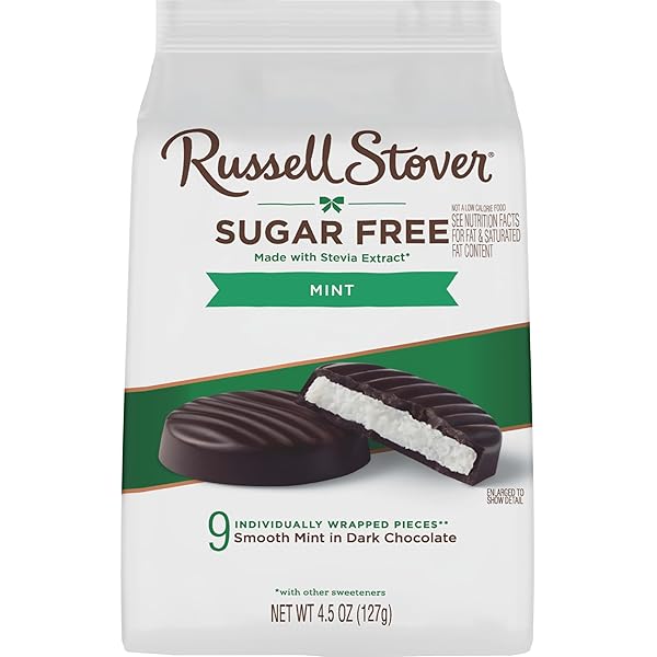 RUSSELL STOVER SUGAR FREE DARK CHOCOLATE MINT PATTIES CANDY, 4.5 OZ. BAG