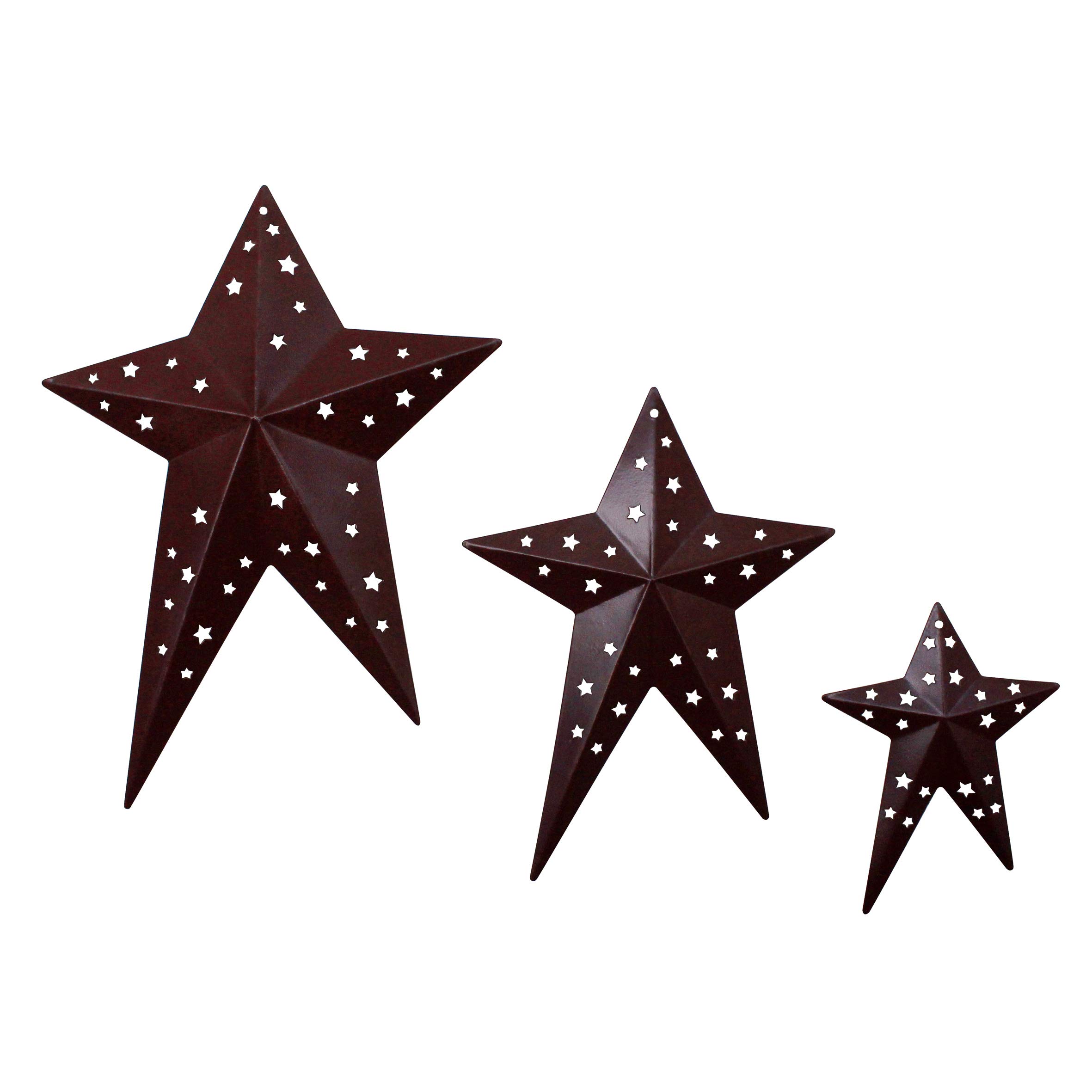 CVHOMEDECO. Primitives Rustic Vintage Gifts Burgundy Punched Metal Barn Stars for Wall/Wreaths/Twigs Decor,8/6/4 Inch, Set of 3