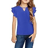 Arshiner Girls Short Sleeve Tee Ruffle Cap Sleeve Hollow Out Crewneck Blouse Shirt Top Blue