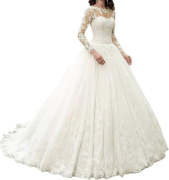 Amazon Com Apxpf Women S Vintage Long Sleeves Lace Wedding Dress Illusion Neckline Bride Gowns Clothing