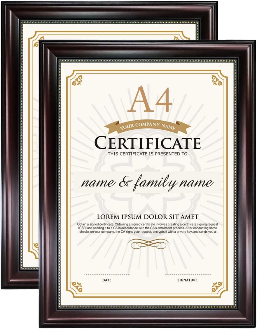 GraduationMall A4 Certificate Document Frame,Diploma Frame,Wooden Look,Real Glass,Mahogany with Gold Beaded,Wall & Tabletop Design,2-Pack