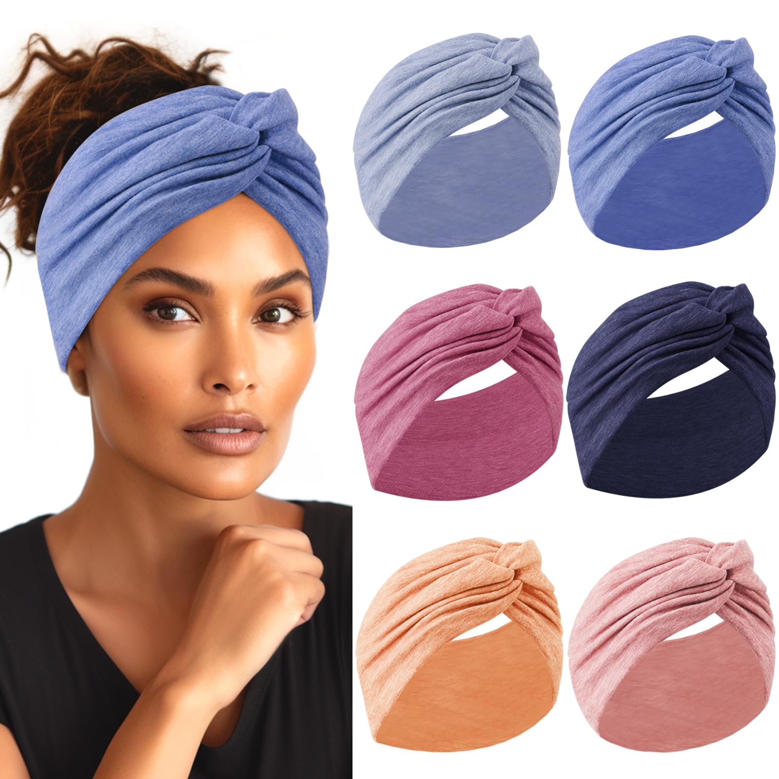 Photo 1 of HAUHC Extra Wide Headbands for Women, 7'' Large Cotton Like Turban Knotted Bandana Head Bands for Women Non Slip, Boho Headbands for Women's Hair (C2-6Pcs, Extra Large 7" Wide)