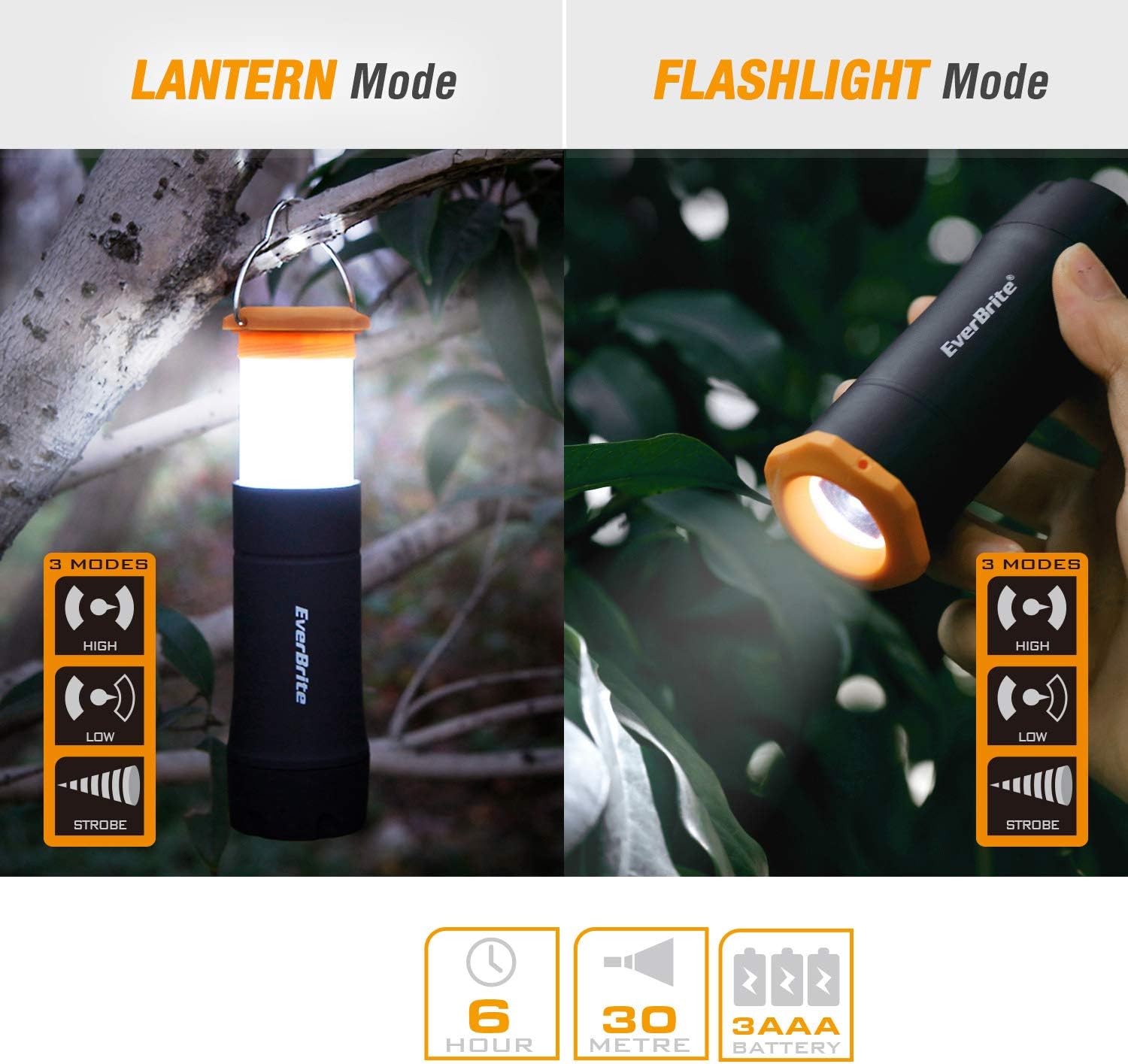 EverBrite 2-in-1 Mini Lanterns and Flashlights with 3 Modes, 2 Pack Portable Outdoor LED Zoomable Torches, AAA Batteries Included - for Hurricane Supplie Camping, Hiking, Night Walking, Emergency - - 