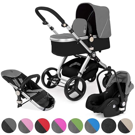 Froggy Kombi-Kinderwagen MAGICA Set mit Babyschale 3in1 Kinderwagen Alu Rahmen Umkehrbarer Sitz EASY-CLICK-System Anthrazit