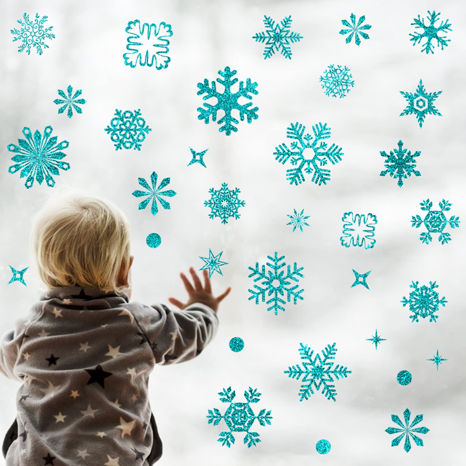 Fassory 93 Pcs Glittering Blue Snowflake Window Stickers, Reusable Christmas Static Cling Window Stickers Decals (Blue)