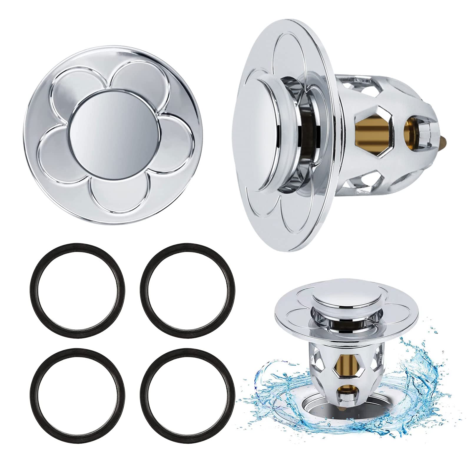 Tesyeux Universal Sink Drain Plugs, Pack of 2, Brass Core, Silicone Material, Silver Color, Anti-Clog Design, Easy Installation