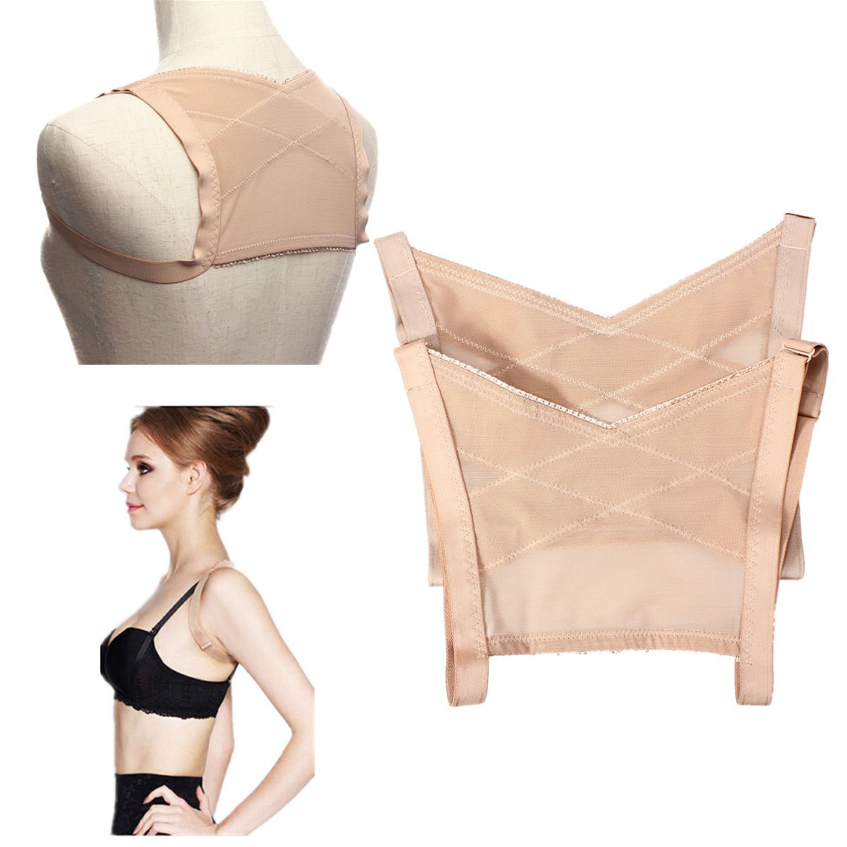 Zinnor Adjustable Shoulder Back Posture Corrector Chest Brace Wireless Support Belt Push Up Bra Vest（Nude） (Large)