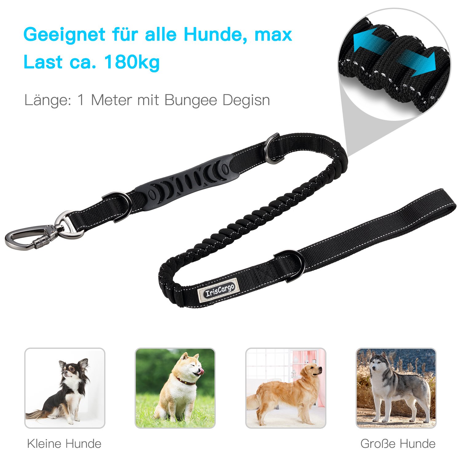 IrisCargo Hundeleine Hundeführleine 1,3m- 1,6m Einziehbare Führleine, Massiv und Verstellbar Hunde Leine, mit Reflexstreifen Rollleinen flexileine Schwarz, Geeignet für Alle Hunde, Max Last ca. 180kg