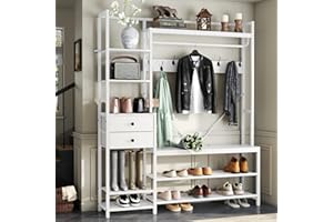 Gyfimoie 7-in-1 Hall Tree with Bench and Shoe Storage for Entryway, Entryway Bench with Coat Rack, Storage Shelves, Shoe Race, Coat Hooks and 2 Fabric Drawers for Hallway(White)