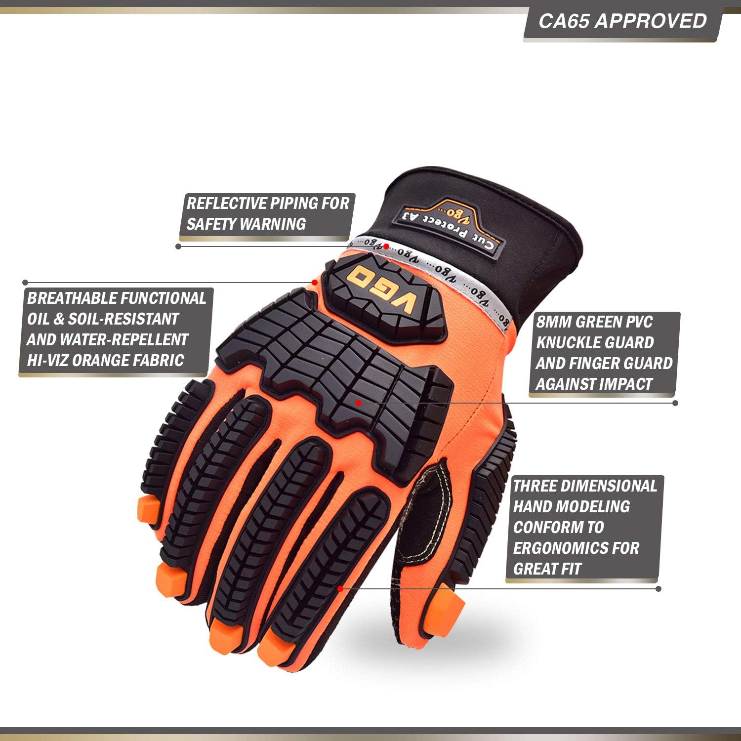 Vgo Offshore Anti Vibration Oil-Proof Cut Resistant ANSI A3 Cut-Resistance Impact Protection Water-repellent Safety Synthetic Leather Work Gloves (Size L, Orange, SL9769HY) - - 