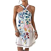 Floerns Women's Boho Floral Print Halter Mini Dress Sleeveless A Line Beach Vacation Tank Dresses