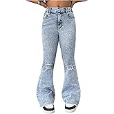 GORGLITTER Girl's Ripped Flare Jeans High Waisted Bell Bottom Denim Pants with Pockets