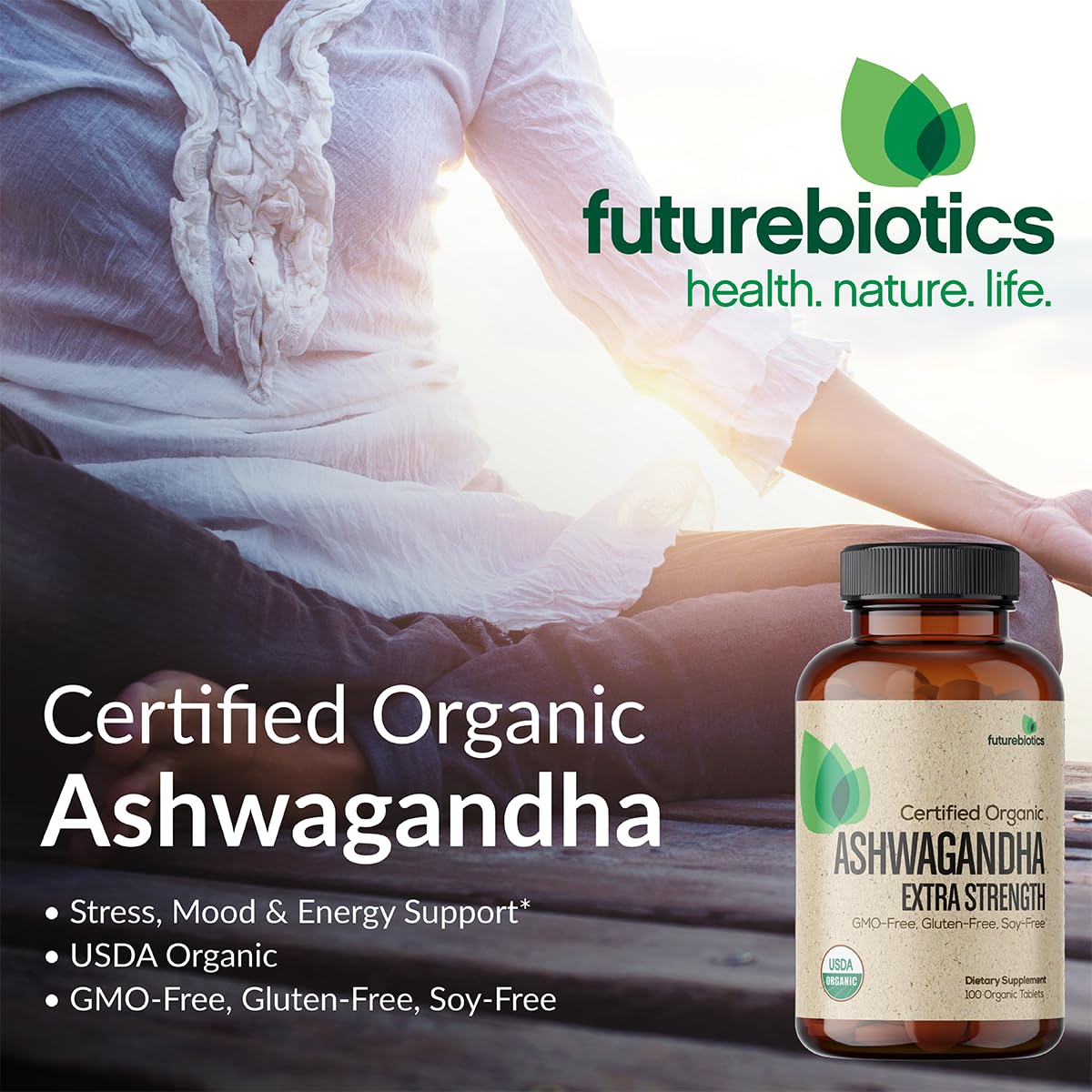 Futurebiotics Certified Organic Ashwagandha, Stress Mood & Energy Support Adaptogenic Herb, Non-GMO, 100 Organic Tablets