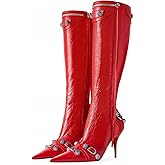 Oiamenne Knee High Boots for Women Fashion Slide Zipper Pointed Toe Stiletto Studded High Heel Rivets Tassel Boots Party Dress Shoes