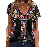 Melliflo Fiesta Mexican Shirts for Women V Neck Floral Print Boho Short Sleeve Casual Embroidered Tops