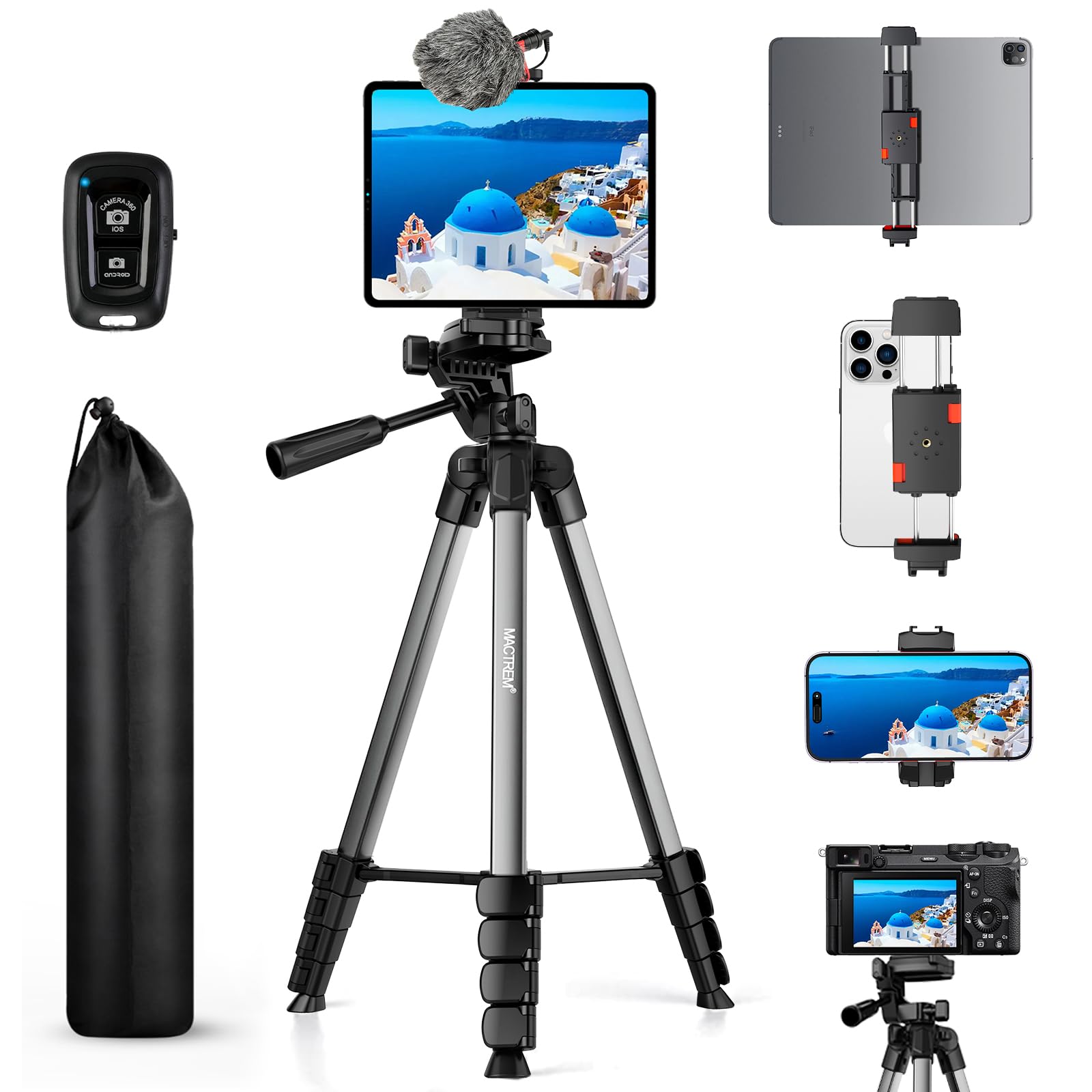 MACTREM 67" Tripod Stand for iPad iPhone Tablet Camera with 2 in 1 Mount & Wireless Remote, Aluminum Extendable Phone Tripod for Video Recording/Selfies/Live Stream/Vlogging (Grey)