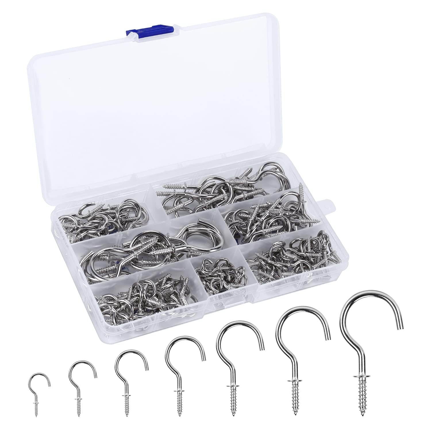XGAGHB 160 pcs Screw Hooks, Nickel Plated Cup Hook Metal Screw-in Hook Ceiling Hooks for Hanging Plants, Kitchen Cabinet Shelf, Outdoor Indoor, Garden, 7 Sizes (Silver)