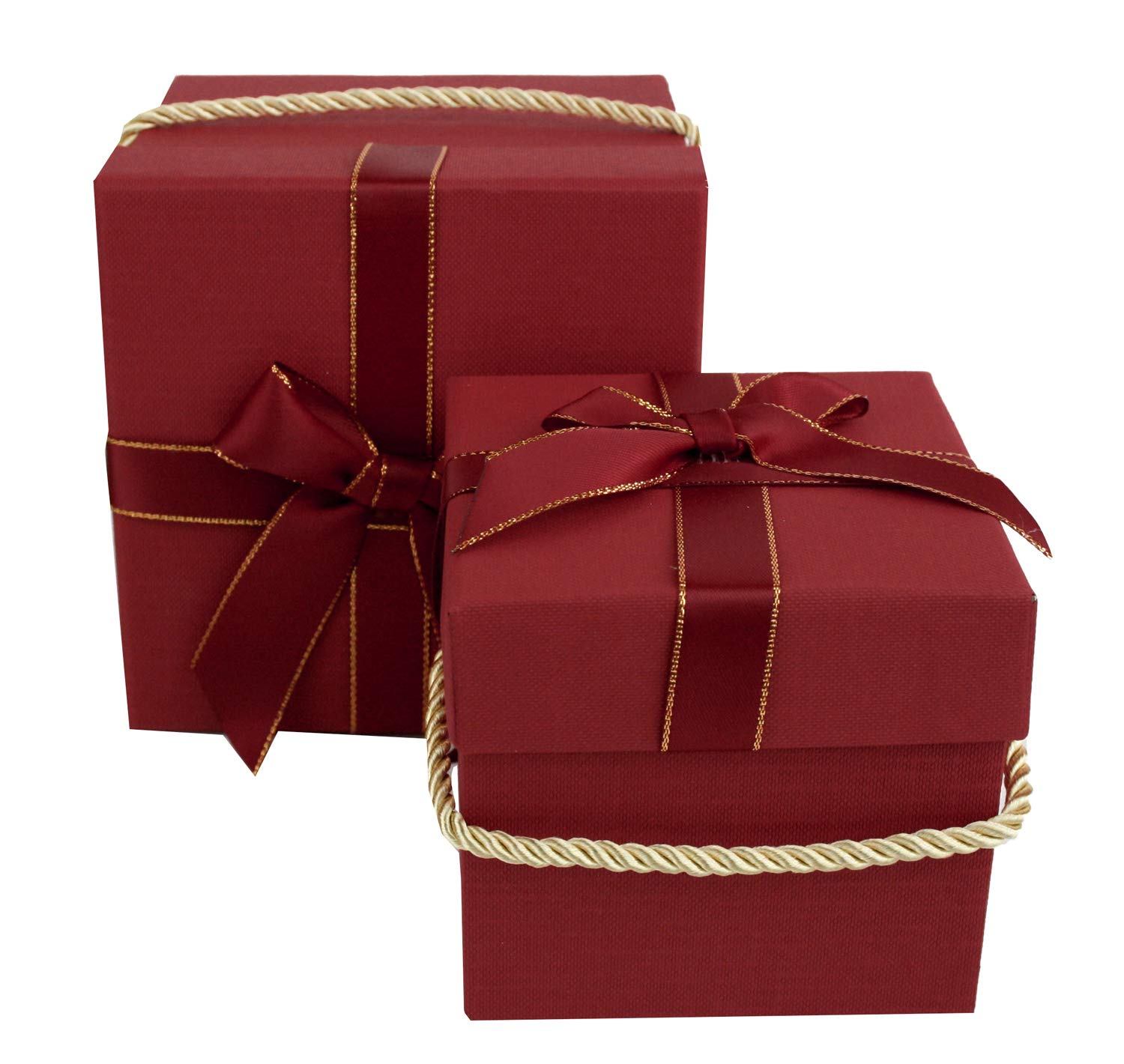 Emartbuy Set of 2 Red Square Gift Boxes with Gold Rope Handle & Satin Ribbon – Luxury Rigid Cardboard Boxes for Festive, Wedding & Corporate Gifting | 8 x 8 x 8 cm & 10 x10 x 10 cm