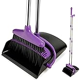 XXFLOWER Broom and Dustpan Set with Long Handle, Light Weight Stainless Steel Poles Stand Upright Dustpans with Broom Combo for Home Kitchen Office Pet Dog Hair, 1-Pack (Purple)