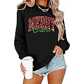 ELDPS Merry Christmas Sweatshirts for Women: Glitter Merry Sweatshirt Xmas Gift Holiday Long Sleeve Pullover Tops