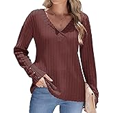 BSYUROS Women's V Neck Knit Sweater Long Sleeve Top with Button Cuffs Soft Casual Pullover Fall Outfits​