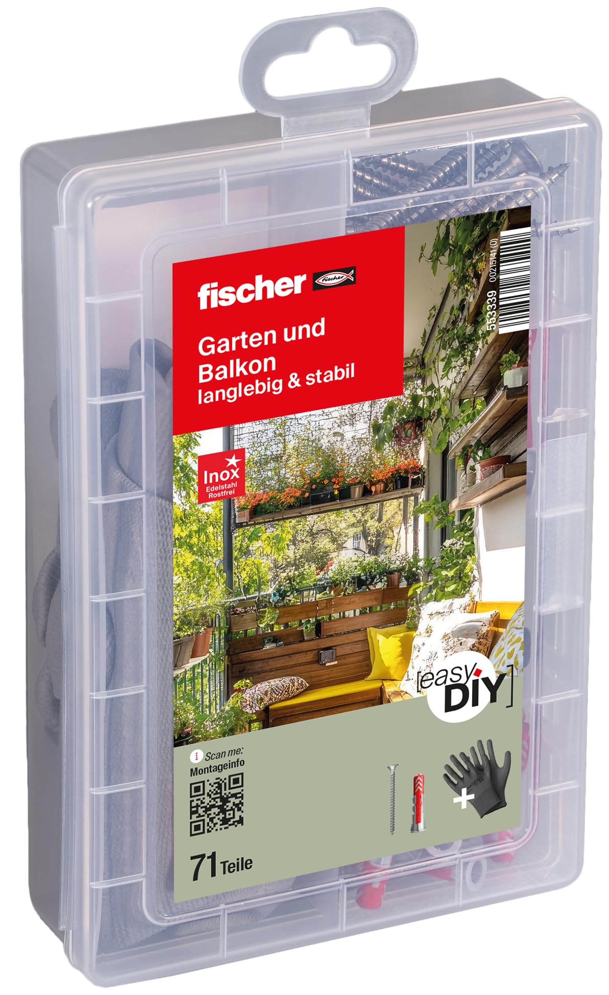 fischer easyDIY 71 Piece Garden and Balcony Box - Durable and Sturdy Dowels Set with Rustproof Screws - 6-8mm Diameter, 30-40mm Length, DIY - Includes Size 9 Gardening Gloves