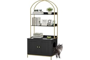 Homhedy Cat Litter Box Enclosure, Litter Box Furniture Hidden with 2-Tier Storage Shelves, Wooden Cat Washroom Furniture with Metal Frame, Modern Style, Black and Gold