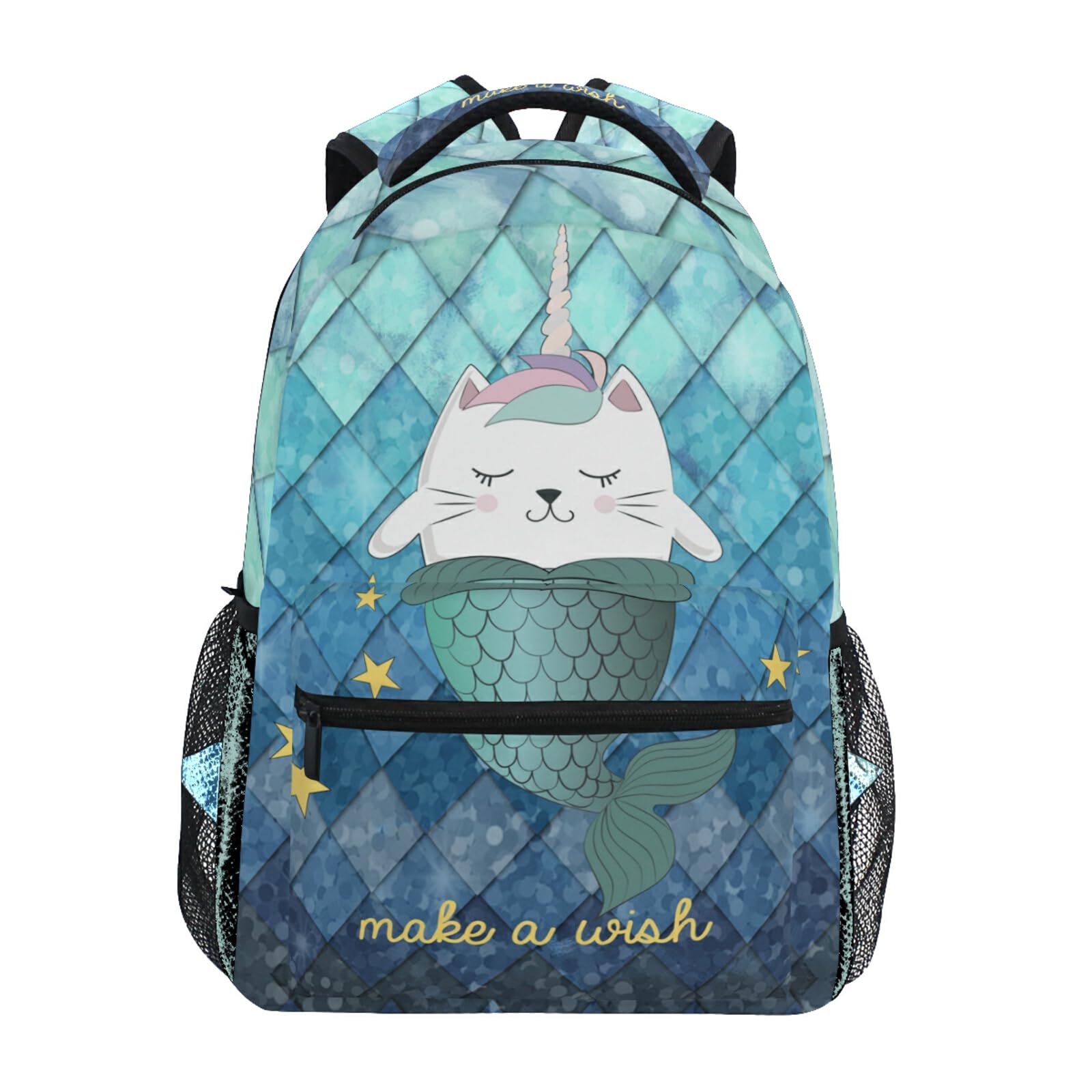 ALAZA Girls Unicorn Cat Backpacks for School Mermaid Scales Teal Blue Bookbags for Kids Teen Toddler Fashion Daypack Rucksack Travel Laptop Bag