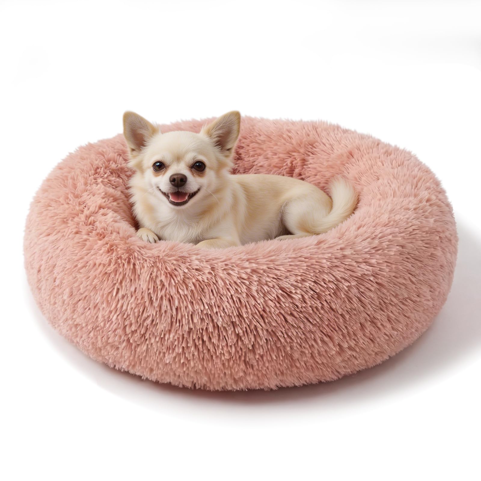 Calming Donut Dogs Beds for Small Dogs Washable,19inch Fluffy Round Puppy Bed for Puppies,Cats & Toy Breeds with Raised Rim,Fits up to 15 lbs Pets,Pink