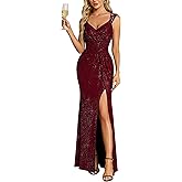 Ever-Pretty Women's Formal Wedding Guest Dresses V-Neck Stretchy Glitter Bodycon Sleeveless High Split Sexy Prom Dress