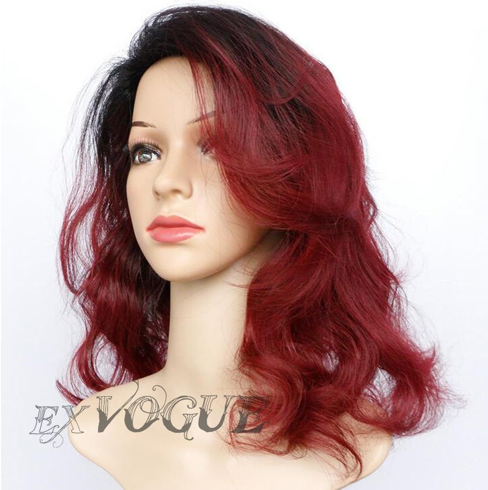 Exvogue Dark Wine Red Ombre Wigs For Women Medium Length Wavy