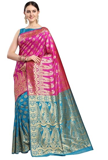 Women's Silk Blend Banarasi Half And Half Paisley Saree With Blouse Piece