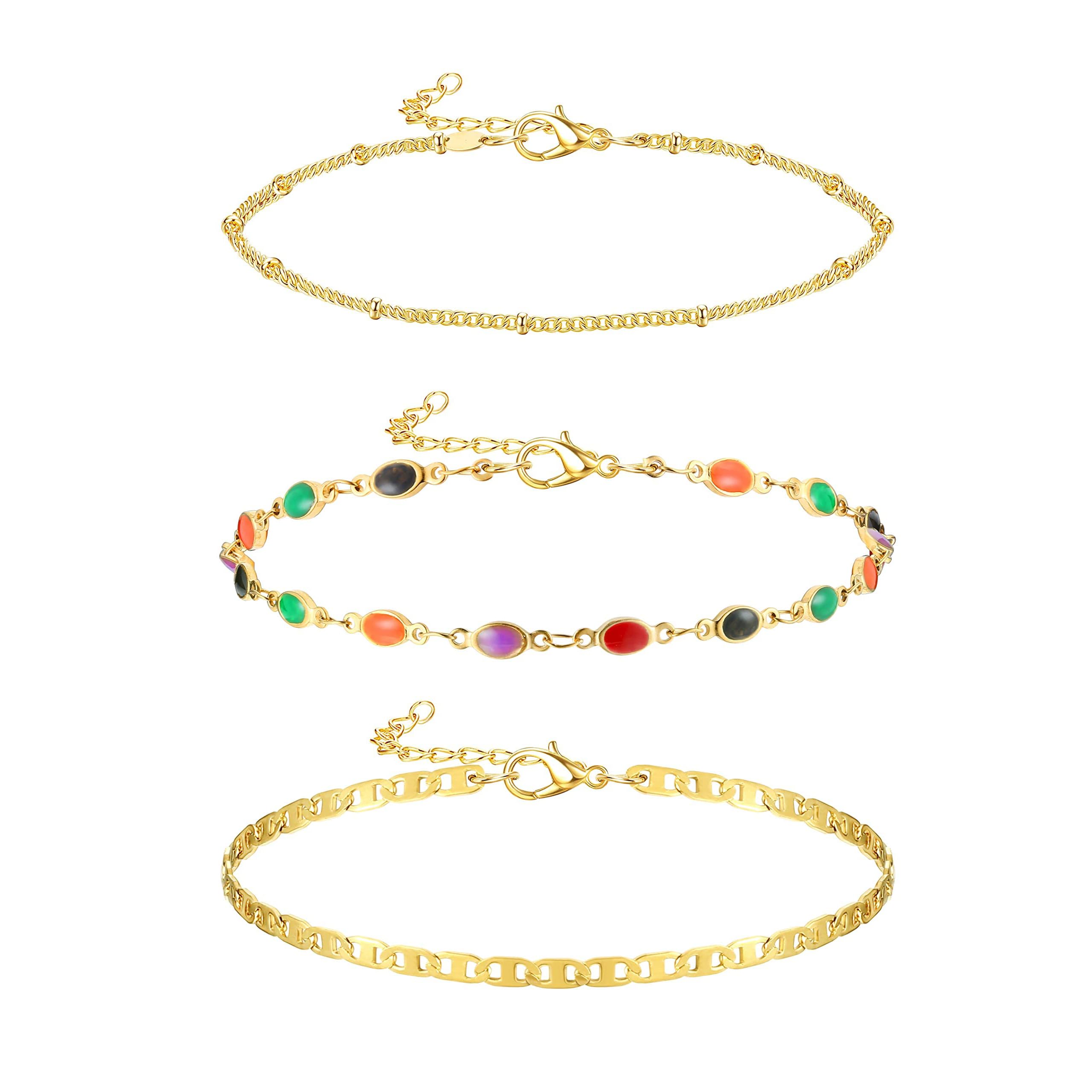 Photo 1 of 14k Gold Anklets Bracelets for Women Stainless Steel Anklet Bracelets Dainty Adjustable Anklet Tennis Beads Herringbone Cuban Paperclip Link Chain Anklet Set Boho Beach Foot Jewelry