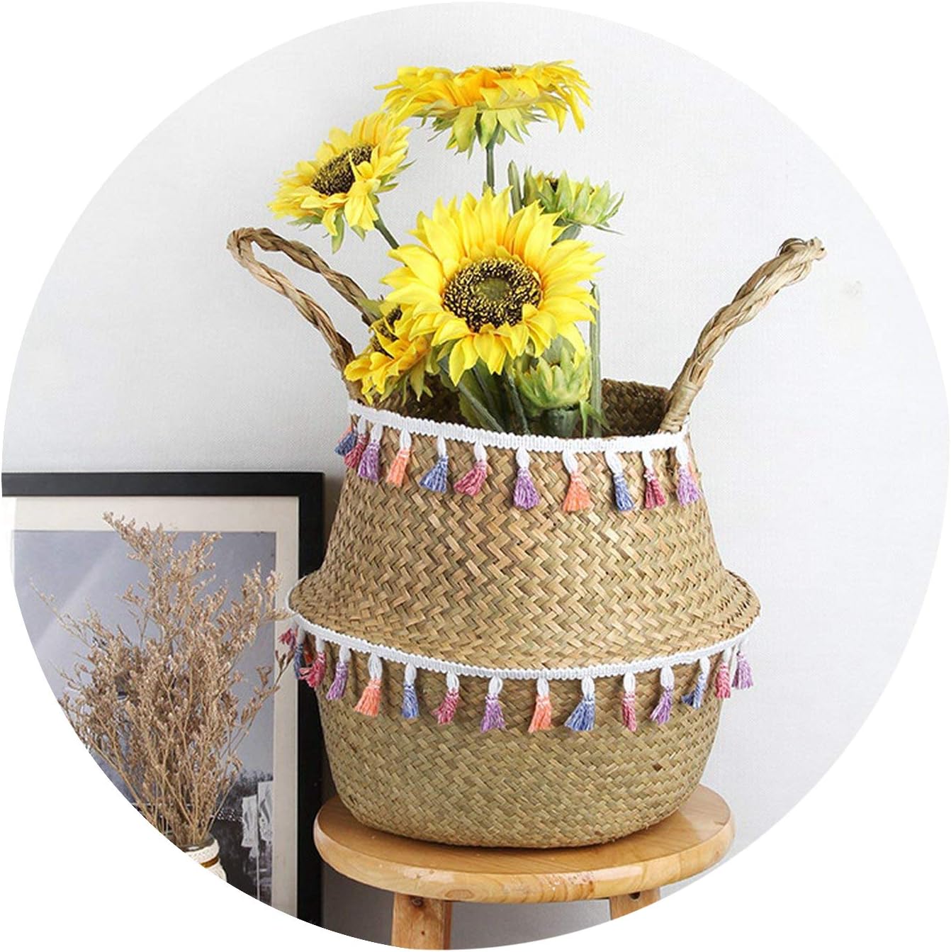 Household Natural Seagrass Wicker Hanging Basket Woven Storage Pot Garden Flower Vase Hanging Basket for Toy Storage Basket,2,23cmX20cm