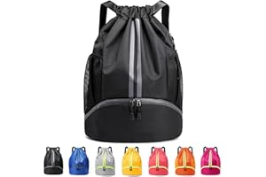 Qoosea Drawstring Backpack Sports Gym Sackpack with Side Mesh Pockets Shoe Compartment Water Resistant String Bag for Women Men (Black)