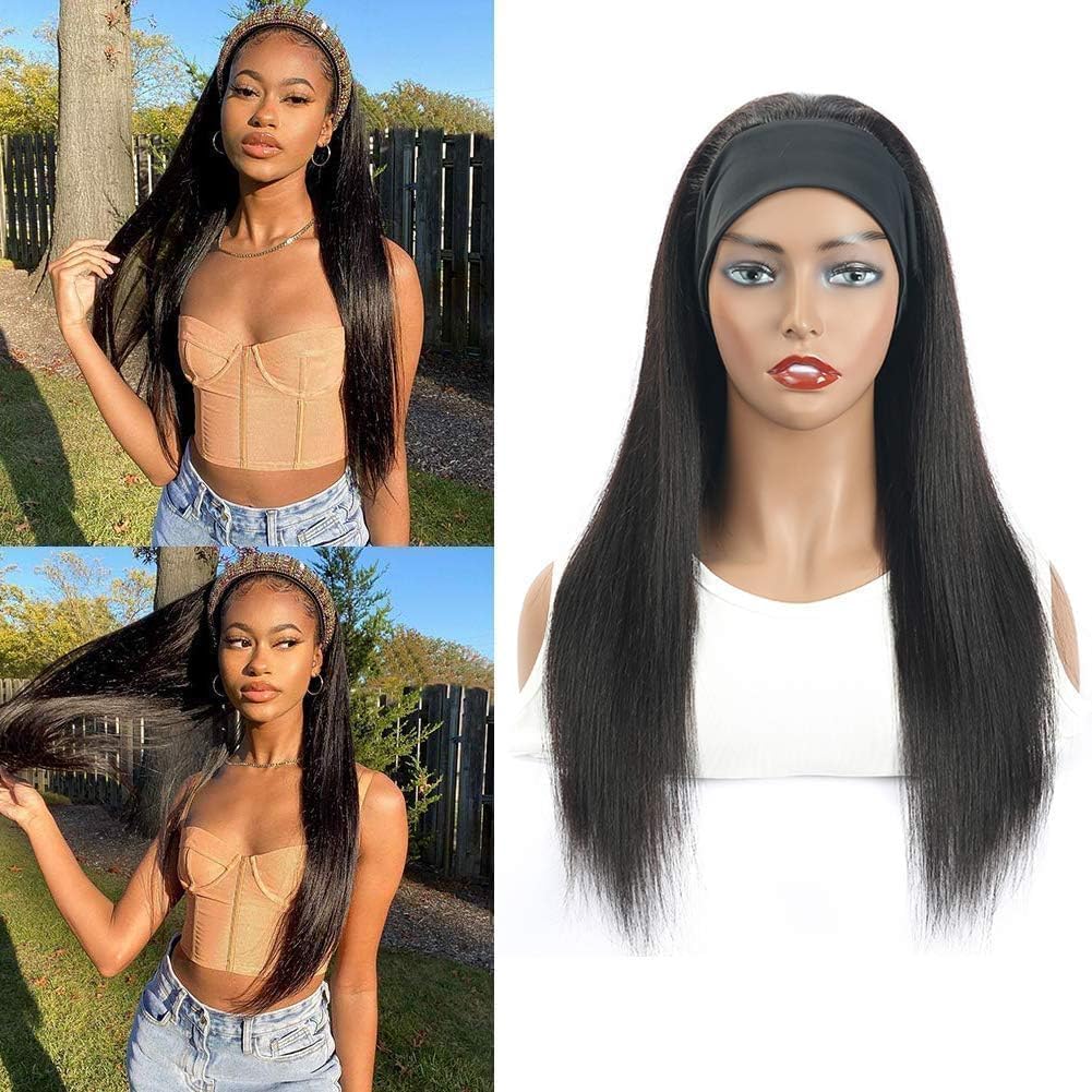 Tmbitto Straight Headband Wig Human Hair Glueless Wear and Go No Lace Beginner Friendly Wigs for Black Women Natural Black 150% Density Brazilian Virgin Hair 22 Inch