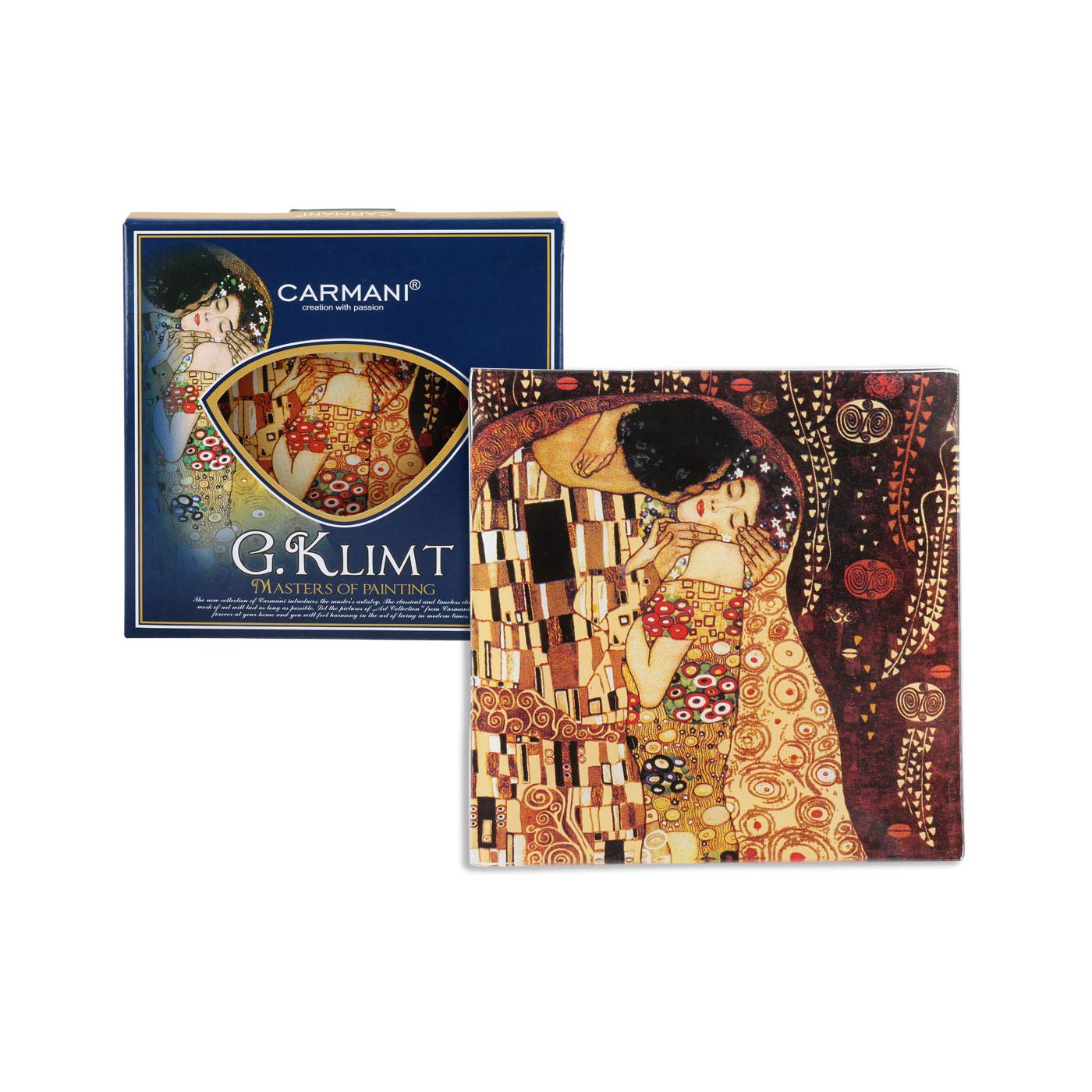 Carmani - Square Glass Plate with Gustav Klimt 'The Kiss' painting 13x13cm