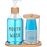 1 Set Mouthwash Dispenser for Bathroom 17 Oz Refillable Mouth Wash Pump Bottle Paper Cup Holder with Bamboo Lid and Tray Clear Mouthwash Container for Bathroom Vanity Kitchen Sink