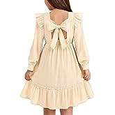 Cubear Girls Fall Dress Tie Back Long Sleeve Ruffle Square Neck A Line Swing Casual Dresses, 5-14 Years Old