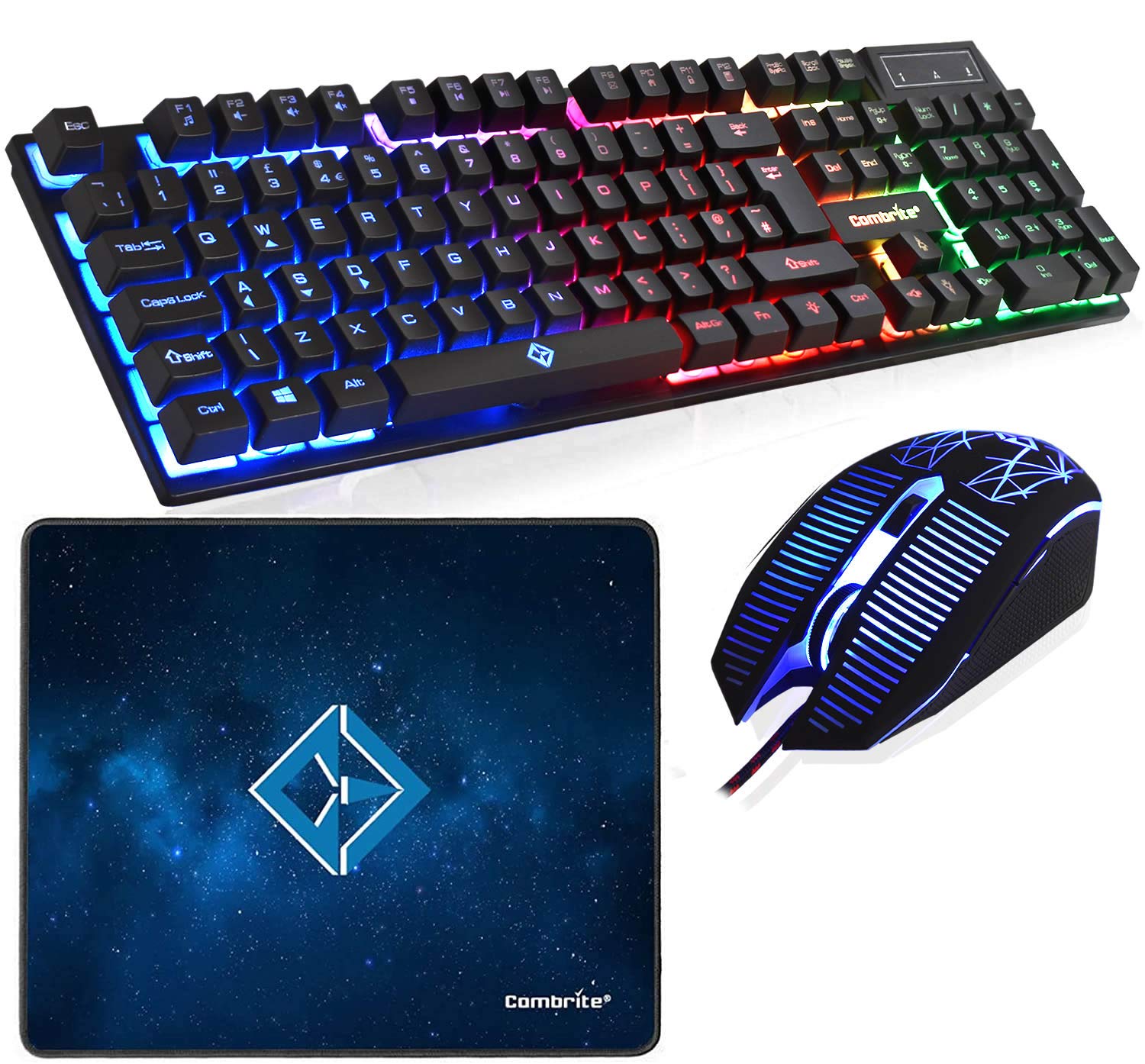 Combrite Raptor Gaming Keyboard And Mouse Set With Large Mouse Pad, Rainbow LED, USB Wired Desktop Combo, UK Layout, For Desktop PC, Laptop, PS4, PS5, Xbox One, Black (Black)
