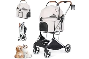 Beberoad Pets T3 Pro 3-in-1 Pet Stroller for Small Dogs & Cats – Foldable, Lightweight with Detachable Carrier, 180° Canopy & Cup Holder (Beige)