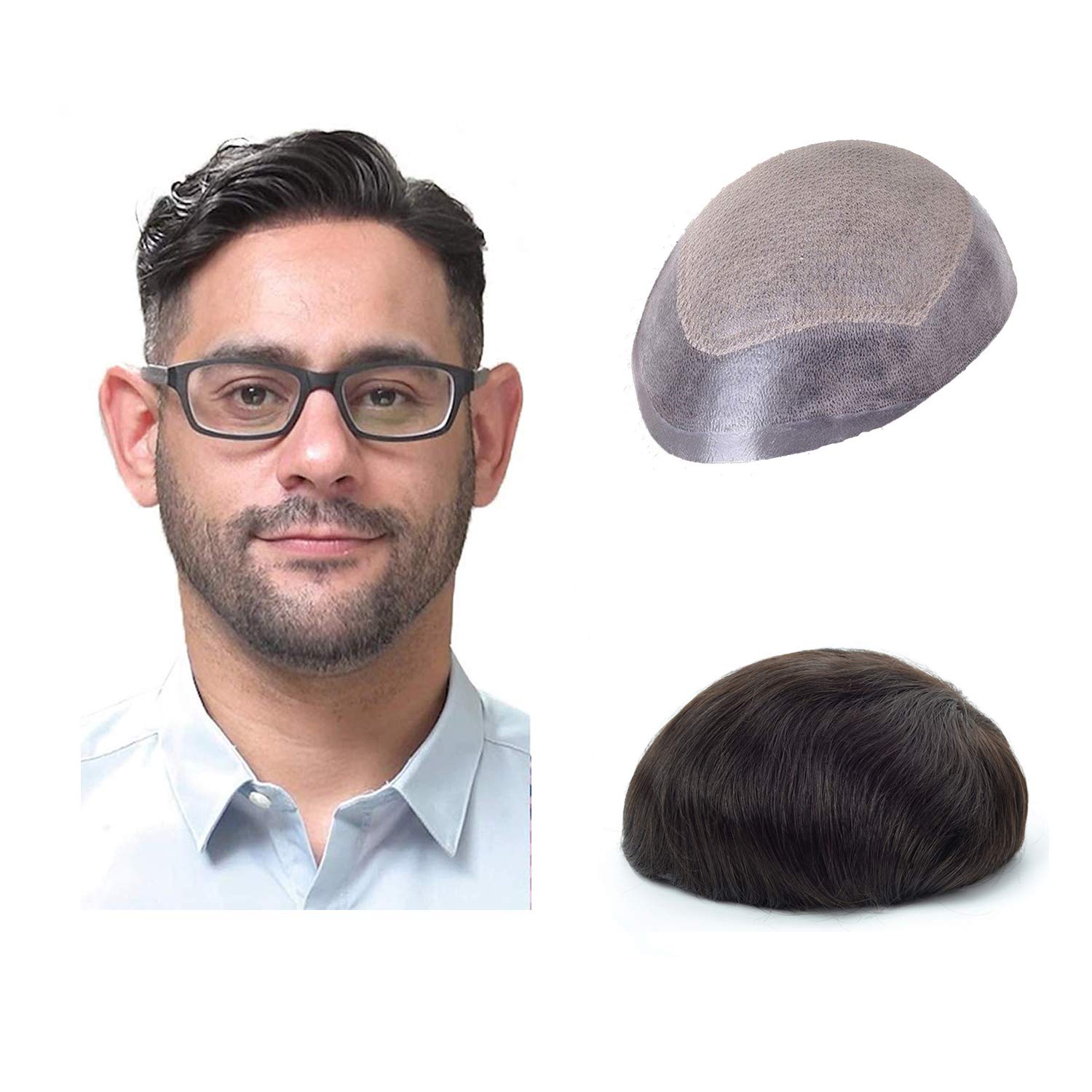 Lordhair Knotless Toupee for Men, Skin Flat Injected Human Hair System, Base Size 8x10 Inch Light Medium Density Front Contour A Shape Mens Hairpiece