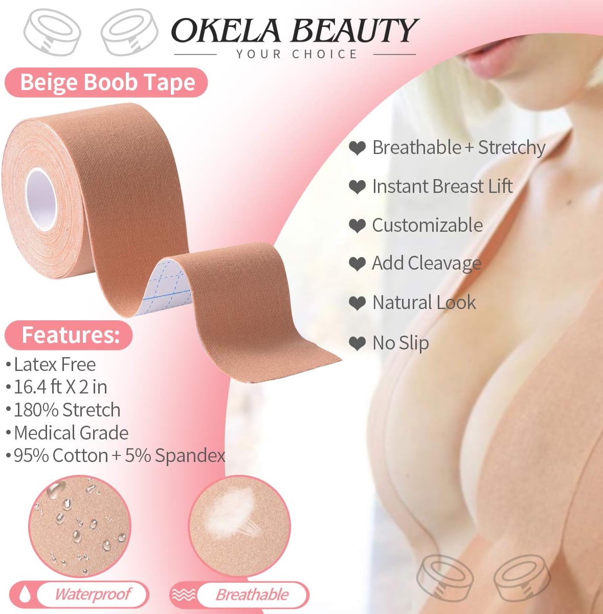 Boob Tape and 2 Pcs Petal Backless Nipple Cover Set, Breathable Breast Lift Tape Athletic Tape with Silicone Breast Petals Reusable Adhesive Bra for A-E Cup Large Breast…: Health & Personal Care