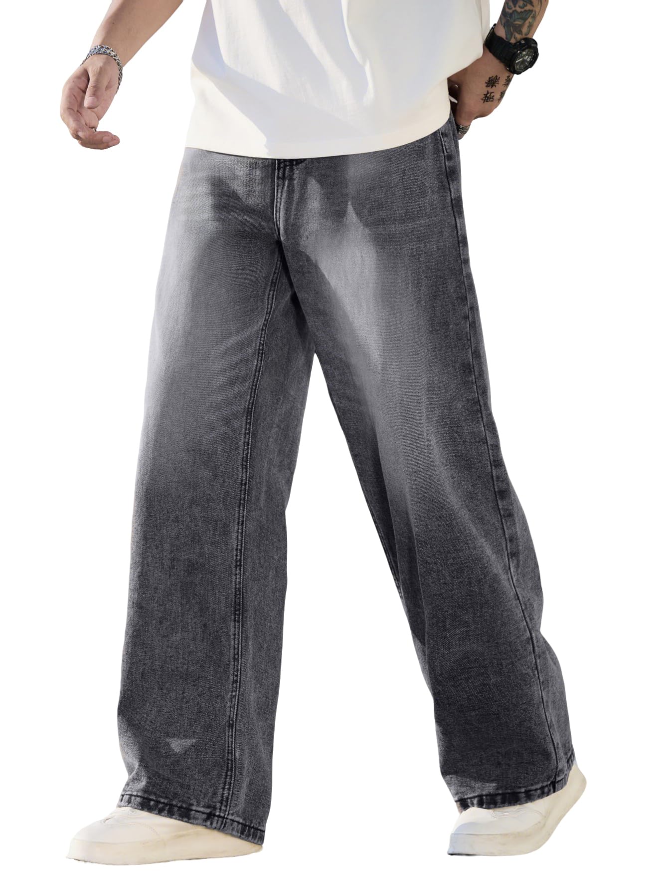 Photo 1 of DFGIGT Mens Wide Leg Baggy Jeans Y2k Casual Fashion Loose Denim Pants Work Office Streetwear Hip Hop 2000s Jinco Oversized Relaxed Extreme Skater Skateboard,D16 Grey,Large