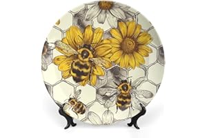 GOKAYS Decorative Plates Bees & Sunflower, Vintage Honeycomb Background Ceramic Plate Home Wobble-Plate with Display Stand, Wall Hanging Decor for Living Dining Room Kitchen 10 Inch, Gifts for Mother's Day