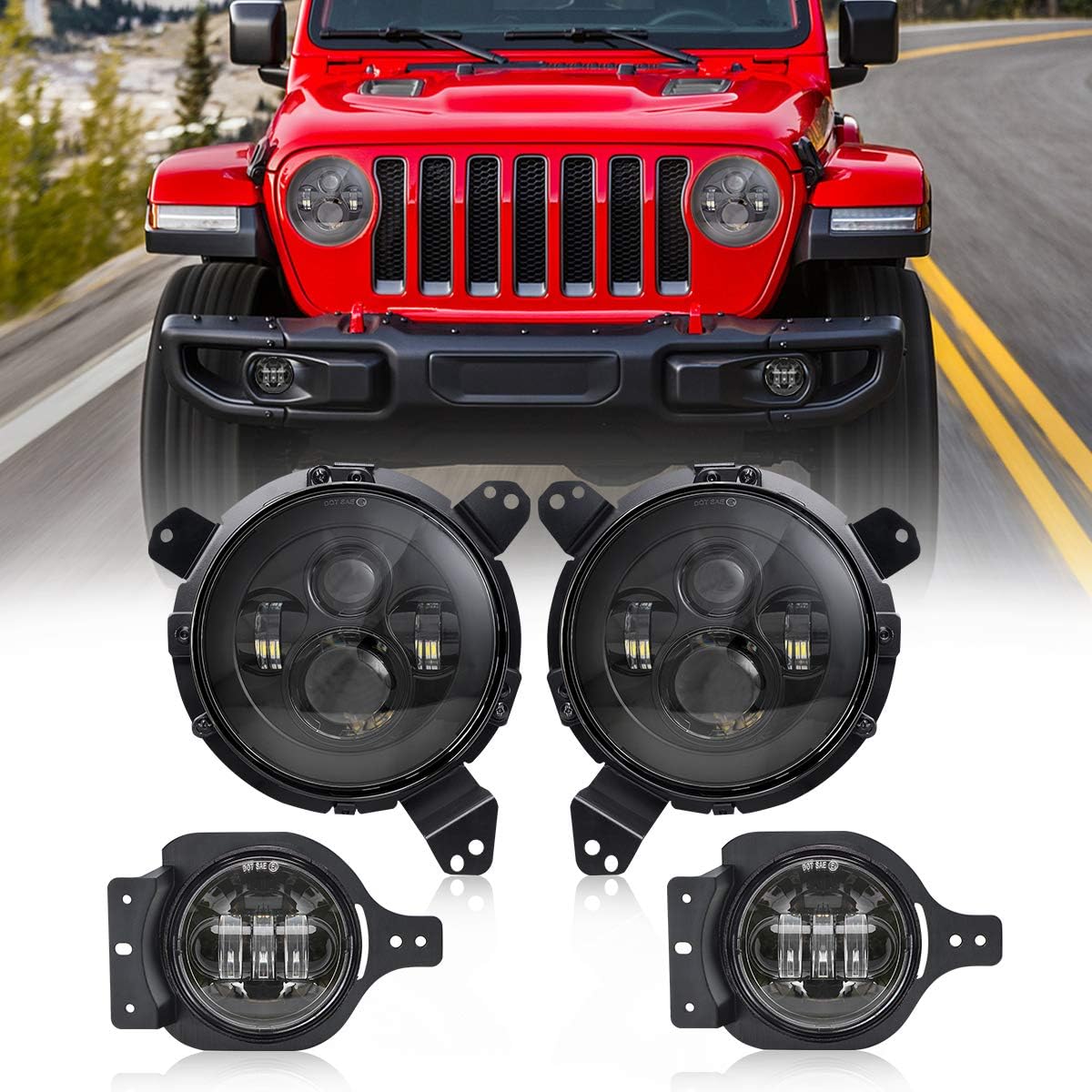 AUDEXEN 7 Inch Black Cree LED Headlights DOT Approved + Onmi-directional Brackets + 4 Inch LED Fog Lights Compatible with Jeep Wrangler JL 2018-20120