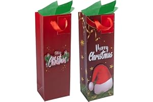 RACHELLE'S Christmas Wine Bags – 14"x5"x4" – 2-Pack Sturdy Paper Gift Bags with Tissue Paper, Tag and Handle – Holiday Wreath and Hat Designs – Perfect for Christmas Holiday Gifting & Party Favors