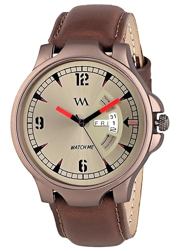 Watch Me Day and Date Analog Brown Dial Brown Leather Strap Quartz Watch for Men and Boys DDWM-018