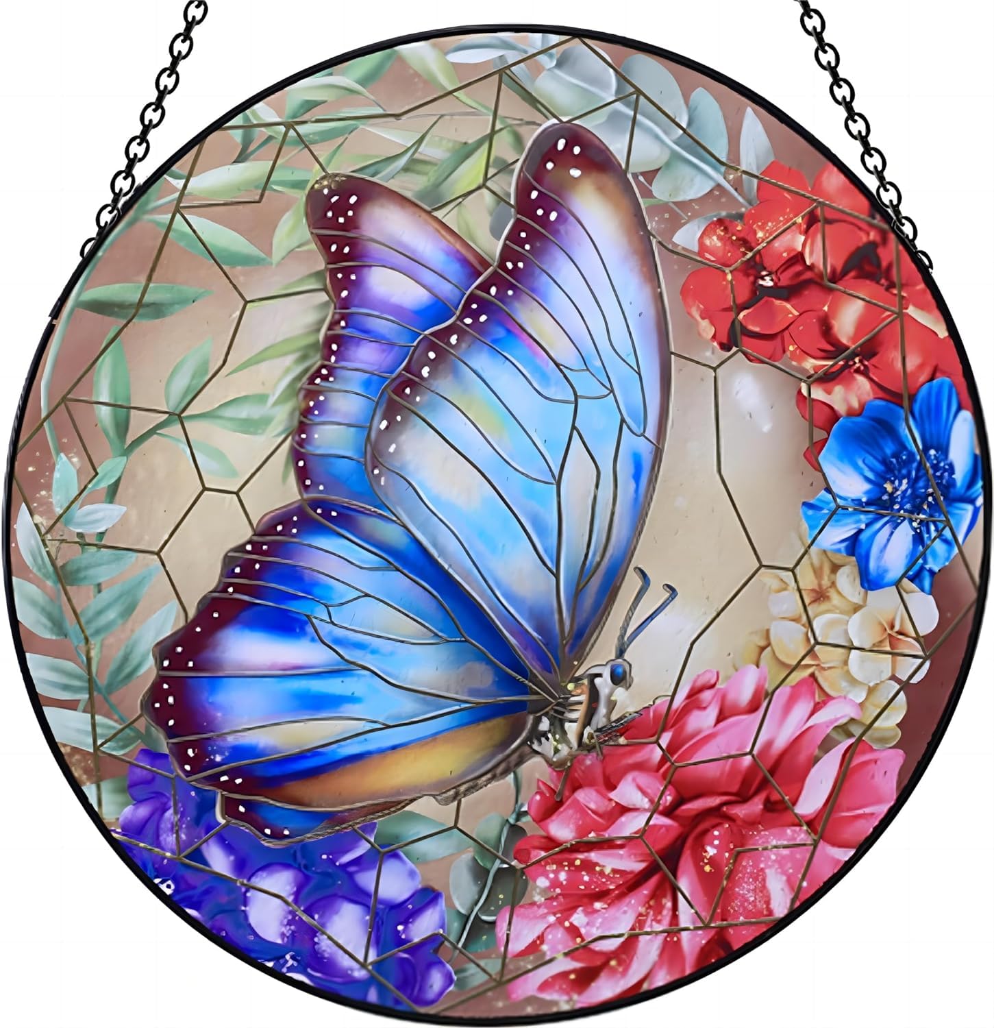 Photo 1 of 12''Stained Glass Suncatcher,Large Butterfly Decor Window Hanging,Suncatcher for Window Decoration,Garden Decor,with Metal Chain (SM073)