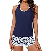 Aleumdr Womens Athletic 3 Piece Tankini Swimsuits with Shorts Swim Tank Tops with Sports Bra and Boyshorts Bathing Suits